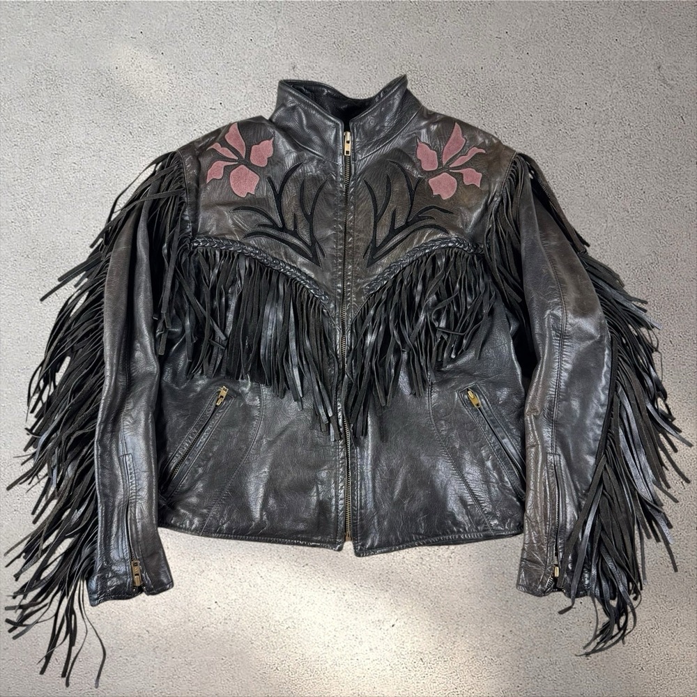 Vintage Walter Dyer Leather Fringe Biker Jacket Women's‎ 18 Floral Western Moto